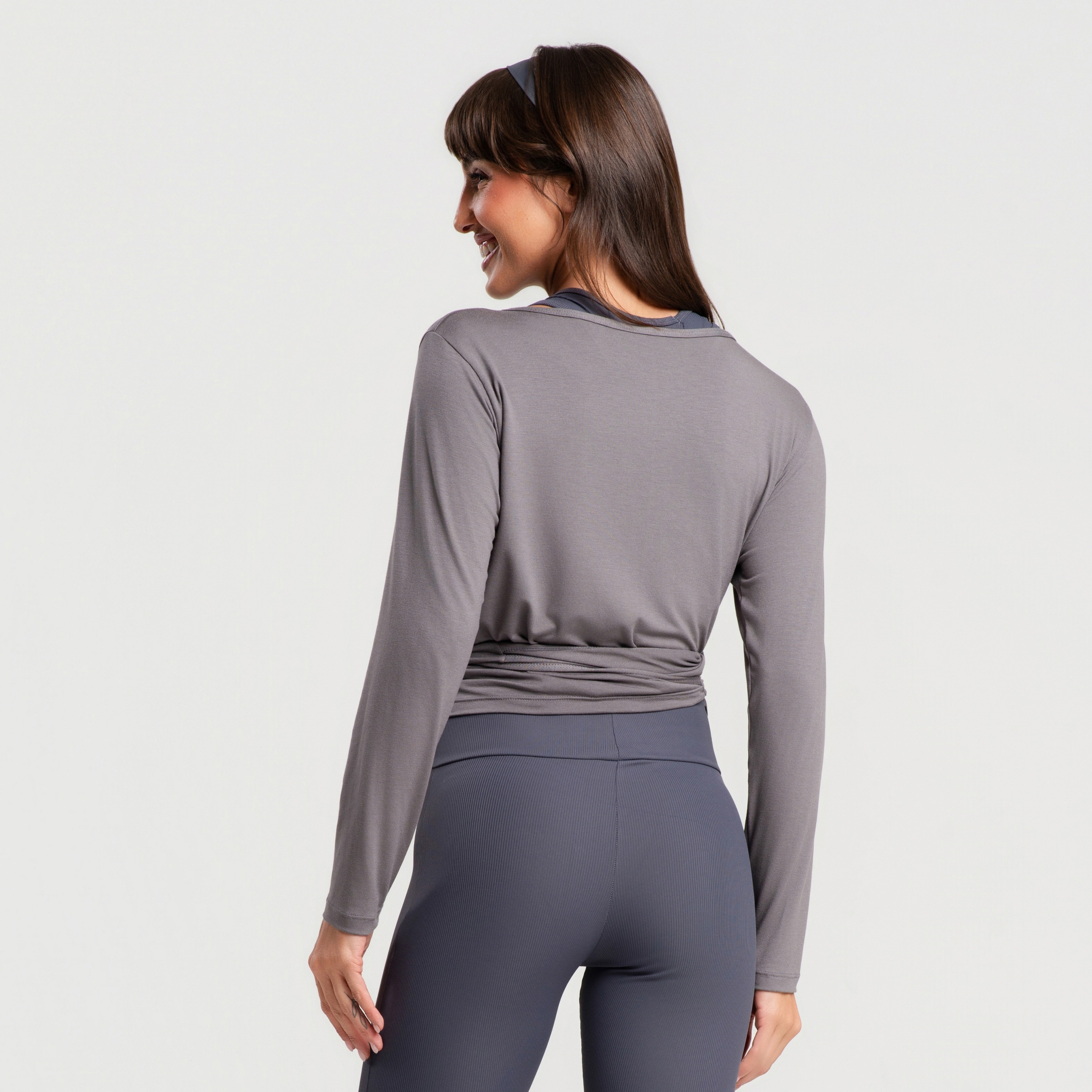 Cropped Decote V Transpassado Manga Longa Fitness Amarração