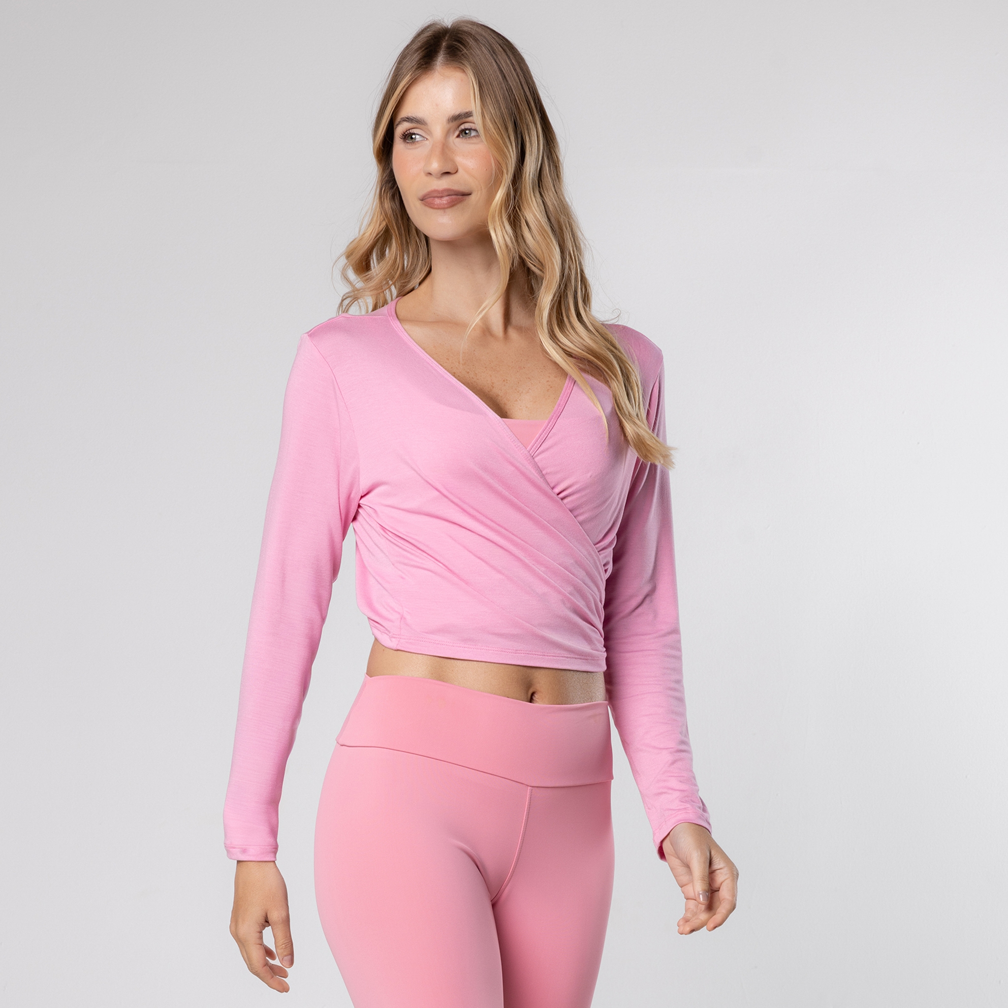 Cropped Decote V Transpassado Manga Longa Fitness Amarração