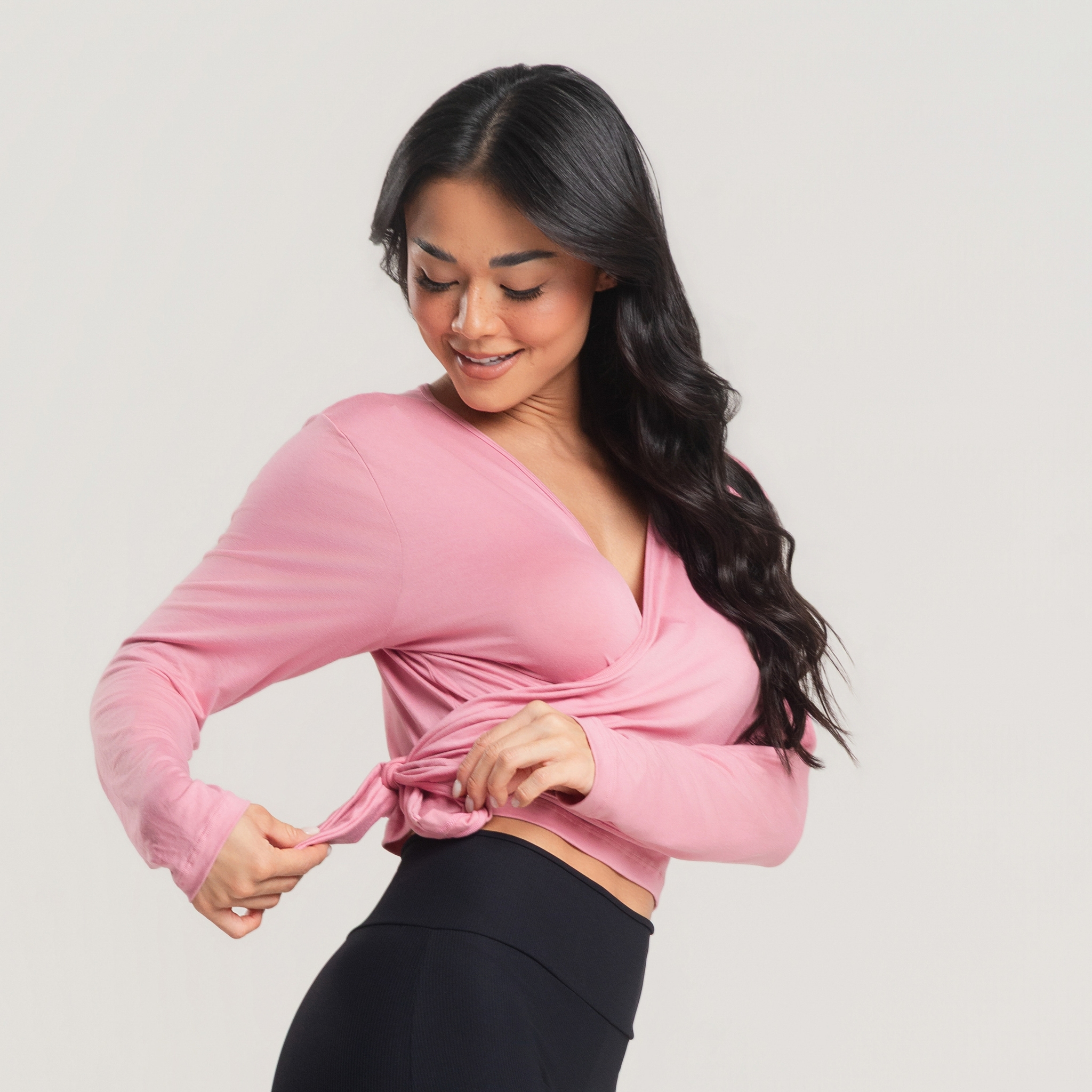 Cropped Decote V Transpassado Manga Longa Fitness Amarração