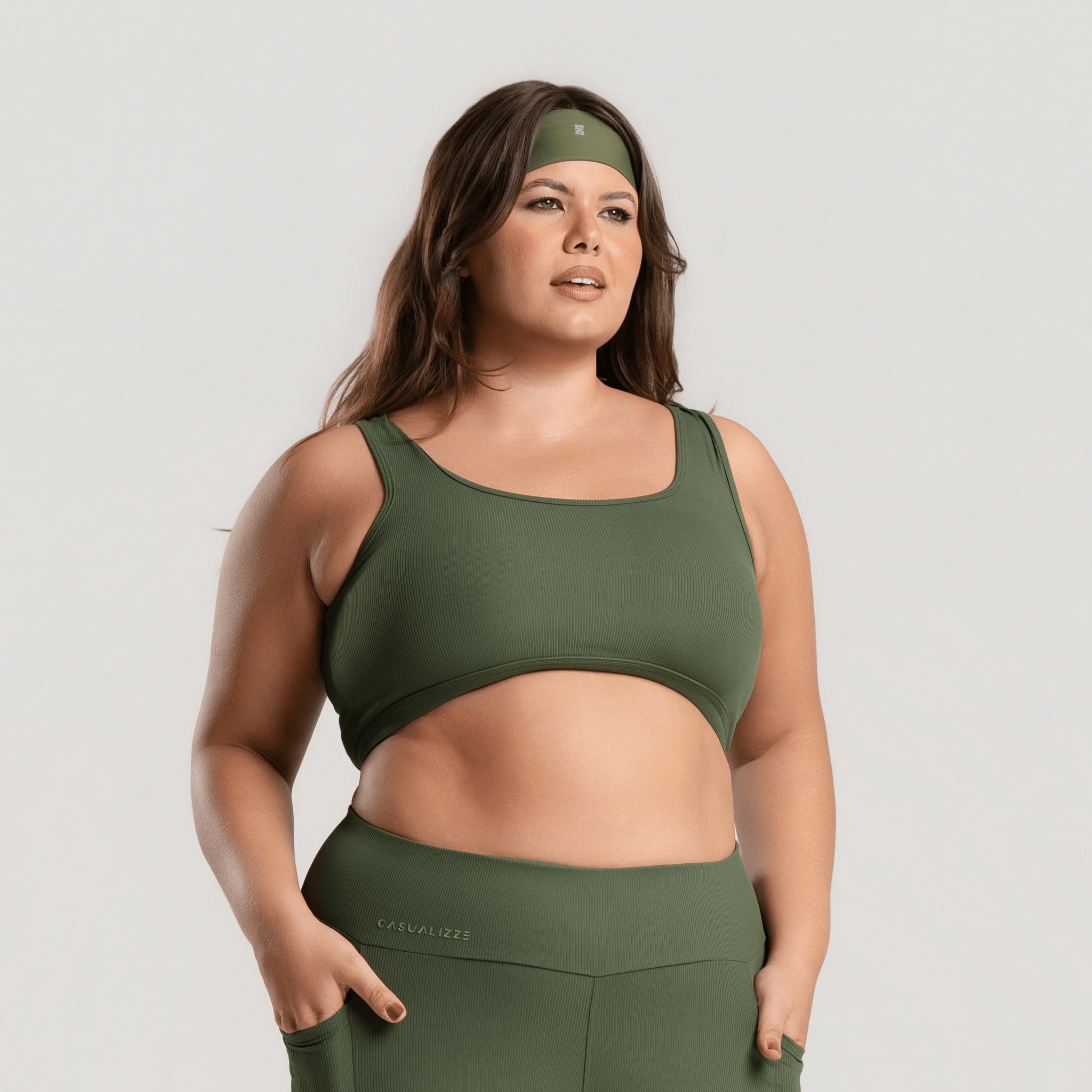 Kit 2 Tops Femininos Bolso Fitness Marrom e Verde